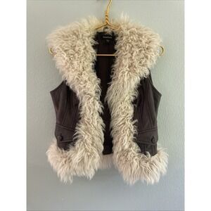 Vtg Y2K Bebe Brown Leather Vest Shearling Fur Trim Size M Boho Festival Penny Ln